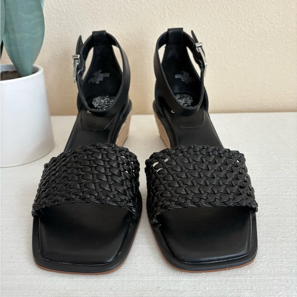 Black Woven Ankle Strap Wedge Sandals - Brand: